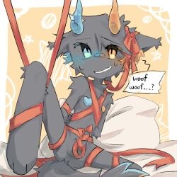 1boy 2d 2d_(artwork) 2d_artwork bondage bow_ribbon coil_(phighting) furry heavy_blush naked nervous_smile phighting raised_leg restrained ribbons roblox solo_male spread_legs sweat tied_penis tied_up wuowaoooo