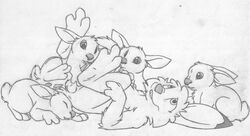 anatomically_correct anthro anthro_on_feral balls buckteeth closed_eyes erection feral greyscale group jake_cottontail lagomorph legs_up looking_up lying male mammal mizzyam monochrome nude on_back pencil_(artwork) penis pushing rabbit sheath side_view size_difference tapering_penis teeth traditional_media_(artwork) yaoi zoophilia