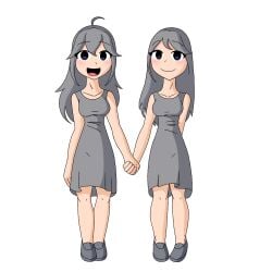 blue_eyes breasts buildings gray_clothes gray_hair humanized twin_towers twins