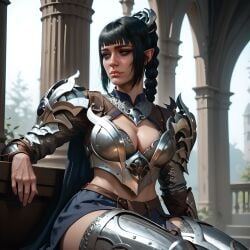 1girls ai_generated armored_female baldur's_gate_3 bangs big_breasts braided_ponytail cleavage eogard_orc female female_only looking_away pointy_ears shadowheart sitting thick_thighs