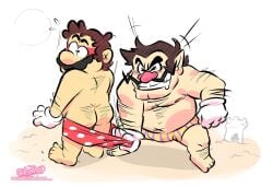 2boys ass ass_hair back_hair beach blush body_hair brown_hair chest_hair chubby chubby_male closed_eyes duo facial_hair gay gloves grin hairy_ass hairy_back human looking_surprised male male_only mario mario_(series) moustache nintendo overweight overweight_male red_shorts sandcastle shorts shorts_pulled_down smile surprised surprised_expression torquewintress wario white_gloves