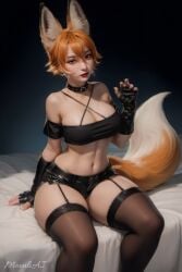 ai_generated big_breasts big_thighs cosplay cosplayer fox_ears fox_tail loona_(cosplay) moonliai orange_hair semi-realism semi-realistic shorts