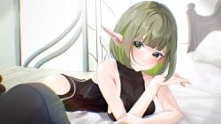 alfhilde blush blush blush_lines blushing_at_viewer blushing_female clothed clothed_female elf elf_ears green_eyes heart-shaped_pupils heart_eyes indie_virtual_youtuber looking_at_viewer lying_on_bed lying_on_stomach toge0toge0 virtual_youtuber vtuber vtuberfanart