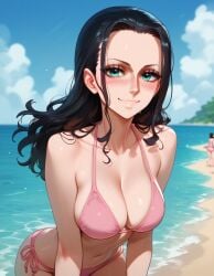 ai_generated beach bikini blue_eyes dark_hair female female_only hair hi_res highres kawaiilux nico_robin one_piece pink_bikini sea uncensored