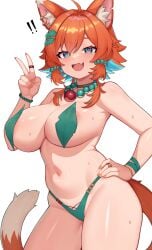 !! 1girls beast belly_button blush breasts diamond-shaped_pupils female female_only green_eyes huge_breasts jewelry leaf_on_breast leafs light-skinned_female light_skin looking_at_viewer monster_girl moursho mozumi_pichi necklace oerba_yun_fang open_mouth orange_hair rings solo sweat symbol-shaped_pupils tail v v-dere virtual_youtuber