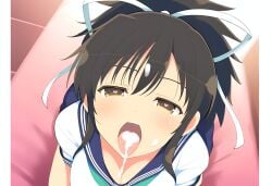 1girls 2024 2d 2d_(artwork) after_fellatio after_oral ai_generated asuka_(senran_kagura) bed bedroom breasts brown_hair cum cum_in_mouth cum_on_hair female from_above heart heart-shaped_pupils high-angle_view mullon novelai senran_kagura solo tongue tongue_out