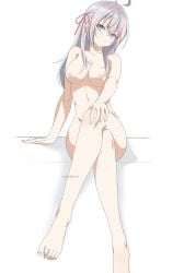 absurdres ahoge alisa_mikhailovna_kujou barefoot blue_eyes breasts closed_mouth crossed_legs facing_viewer feet female hair_between_eyes hair_ribbon highres kevcrexx long_hair looking_at_viewer nipples ribbon sitting solo tokidoki_bosotto_roshia-go_de_dereru_tonari_no_alya-san white_background white_hair