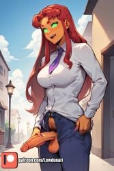 1futa ai_assisted ai_generated clothed erect_penis erection futa_only futa_sans_pussy futanari horny horny_futa huge_cock lewdunari masturbating masturbation open_mouth pubic_hair public red_hair small_balls starfire starfire_(teen_titans) teen_titans tie