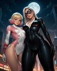 2girls ai_generated black_cat_(fortnite) black_cat_(marvel) blue_eyes bodysuit cleavage difference duo felicia_hardy female female_only flirting fortnite from_below gwenpool gwenpool_(fortnite) latex_suit makeup marvel marvel_comics mask new_york penguih perfect_body rooftop sexy_pose sfw silver_hair spider-man_(series) stable_diffusion superheroine tight_clothing together two_girls yuri