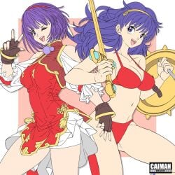 2girls athena_asamiya big_breasts big_breasts bikini bikini_top busty clothed dress female gloves hair_ornament king_of_fighters legs light-skinned_female light_skin long_hair looking_at_viewer necklace open_mouth peace_sign purple_eyes purple_hair red_bikini shield short_hair skirt snk_heroines:_tag_team_frenzy thighs tied_hair transformation