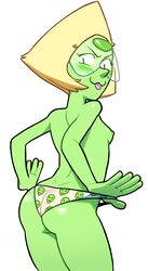 1girls :3 alien alien_girl ass blush breasts darkbot female female_only gem_(species) green_skin looking_back nipples peridot_(steven_universe) sideboob small_breasts solo steven_universe tongue tongue_out topless underwear visor white_background yellow_hair