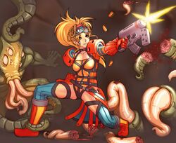 1girls blonde_hair blood clothed female fighting final_fantasy final_fantasy_x final_fantasy_x-2 gore green_eyes gun guro human monster rikku tentacles utilizator weapon