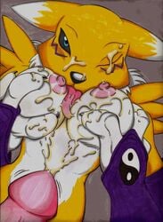 anthro arm_warmers big_breasts black_nose black_sclera blue_eyes boxice breast_fondling breast_grab breast_squish breasts canine clothes cum cum_on_breasts cum_on_face cum_on_hand cum_on_tongue cumshot digimon duo edit faceless_male female fondling fox fur gloves hand_on_breast licking_cum looking_at_viewer lying male mammal max_blackrabbit nipples nude on_back one_eye_closed orgasm penis renamon solo_focus straight tongue tongue_out white_fur yellow_fur