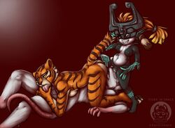 1boy 2girls anthro biting_lip breasts crossover cunnilingus dreamworks feline female fur group group_sex kung_fu_panda male mammal master_tigress midna multiple_girls nintendo oral penetration penis rodent sex simple_background stripes tail_pull the_legend_of_zelda threesome tiger tigerinspace twilight_princess video_games white_fur