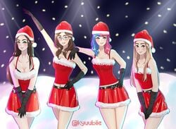 4girls big_breasts black_bra black_gloves blue_eyes blue_hair blush bordie bra_cups_sticking_out bra_slip breasts brown_eyes brown_hair christmas cleavage cute digital_media_(artwork) female female_only green_eyes gwenmelon hand_on_hip hand_up hands_on_legs height_difference heyimbee instagram looking_at_viewer lumiixq miniskirt multiple_girls pink_hair purplet santa_costume santa_hat seductive take_your_pick thick_thighs twitch.tv two_tone_hair youtuber