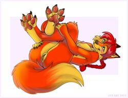 anthro anus anyare breasts canine female fox hair hindpaw looking_at_viewer mammal nude paws presenting pussy red_hair solo