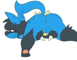 :3 anthro anus ass ass_up black_fur black_hair blue_fur canid canine canis clitoris eyewear female freckles fur furry furry_only glasses hair half-closed_eyes looking_at_viewer looking_back lucario mammal nerdcario nintendo nude orange_eyes pokemon pokemon_(species) praiz pussy seductive simple_background smile solo spikes spread_legs spreading tail video_games white_background yellow_fur