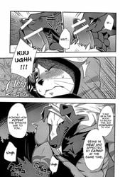 anthro blazblue blush boner canine censored claws closed_eyes clothing comic duo erection eye_patch eyewear feline hair harusuke hi_res japanese_text jubei_(blazblue) male male_only mammal monochrome partially_translated penis smile sweat text translation_request valkenhayn_r._hellsing video_games yaoi