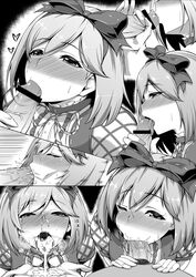 censored cum cum_in_mouth cum_on_tongue djeeta_(granblue_fantasy) fellatio female granblue_fantasy hairband handjob highres licking mizuse_kouichi monochrome oral penis short_hair solo_focus straight tongue