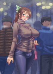 1futa 2016 ball_bulge balls between_breasts big_penis bimbo blush breasts brown_hair bulge cameltail clothed clothed_female clothing curvy erection erection_under_clothes fully_clothed futa_focus futa_with_male futanari green_eyes hair hair_ribbon huge_breasts huge_penis human jeans kamiya_midori large_balls light-skinned_futanari light_skin male male_with_male non-nude onlookers open_mouth original penis penis_bulge penis_clothing_bulge penis_under_clothes penis_under_shirt ponytail public purse solo_focus standing strap_between_breasts sweater text tied_hair turtleneck zheng