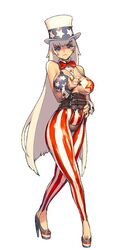 1girls american american_flag american_flag_bikini american_flag_hat american_flag_legwear breasts female female_only high_heels large_breasts light-skinned_female light_skin long_hair national_personification personification shoes solo striped_legwear uncle_sam united_states_of_america usa white_hair