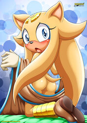 5_fingers afrosoricid anthro ass blue_eyes blush boots brown_body brown_fur female footwear gloves gold_the_tenrec head_markings looking_at_viewer looking_back mobius_unleashed nude pattern_background pussy sega solo sonic_(series) sonic_the_hedgehog_(archie) sonic_the_hedgehog_(comics) tagme teenage_girl teenager tenrec two_tone_body