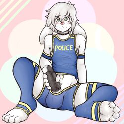 2016 4_toes anthro blush collar condom cum cum_bubble erection fur humanoid_feet humanoid_penis lagomorph male_only mammal penis pink_nose police rabbit sebafox sitting toes white_fur