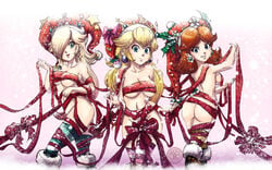 2010 3girls absurd_res arms ass back back_view bare_arms bare_shoulders blonde_hair blue_eyes bow breasts brown_hair christmas cleavage covering covering_breasts covering_crotch dat_ass earrings entangled evil_grin female female_only flower front_view hair hair_over_one_eye hands hat hips holidays jay_phenrix legs lips long_hair looking_at_viewer mario_(series) midriff mostly_nude multiple_girls navel neck nintendo nude open_mouth princess_daisy princess_peach princess_rosalina rear_view ribbon ribbons side_view sideboob simple_background smile snow standing star stars teeth thighhighs thighs tied underboob