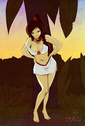 abs avatar_the_last_airbender barefoot bedroom_eyes bra braid breasts brown_hair choker clothing dusk eyelashes feet female female_only fit_female half-closed_eyes hands_on_hips human looking_at_viewer medium_breasts midriff my_pet_tentacle_monster navel palm_tree ponytail short_skirt single_braid skirt solo standing tied_hair tiptoes toes tree ty_lee