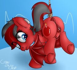 bat_pony bat_wings bound clitoris cremedelaclop_(artist) equine fan_character fangs female horse mammal membranous_wings my_little_pony piercing pony pussy pussy_juice rope solo wings