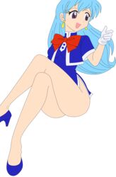 absurdres aqua_hair breasts female female hat highres hips legs legs_crossed long_hair miniskirt no_panties photoshop purple_eyes short_dress simple_background smile solo stewardess tenjouin_katsura thighs vector_trace yat_anshin_uchuu_ryokou