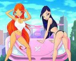 2girls armpit armpits ass belly big_ass bikini bimbo bloom_(winx_club) blue_eyes blue_hair breasts bubble_butt busty car cleavage dat_ass erect_nipples eyeliner eyeshadow female hands_behind_head hourglass_figure large_breasts legs lips lipstick long_hair looking_at_viewer makeup multiple_girls musa musa_(winx_club) navel orange_hair panties pink_car purple_eyes rainbow_(animation_studio) red_hair side-tie_bikini sports_car swimsuit teenager thighs thin_waist thong voluptuous winx_club zfive