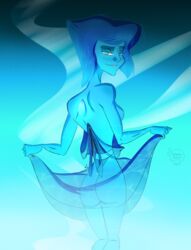 ass behind blue_eyes blue_hair blue_skin dress feathers-ruffled gem gem_(species) glow lapis_lazuli_(steven_universe) looking_at_viewer see-through smile steven_universe