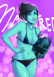 bikini black_hair breasts cleavage dota_2 female greenmarine grey_skin hair hand_on_hip headgear helmet midriff navel phantom_assassin smile swimsuit teal_eyes