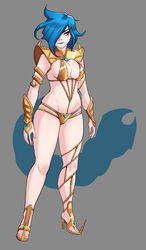 armlet armor bikini blue_hair blue_lips breasts cleavage egyptian female full-length_portrait full_length gloves greenmarine high_heels light_skin midriff monster_girl original_character portrait red_eyes samia_of_the_shifting_sands sandals solo standing tail