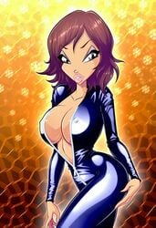 1girls becca_(winx_club) belly bimbo bodysuit breasts brown_hair cleavage covered_nipples erect_nipples eyeshadow fan_character female front_zipper hourglass_figure human large_breasts lips lipstick looking_at_viewer makeup nipples purple_eyes rainbow_(animation_studio) short_hair solo thin_waist unzipped voluptuous winx_club zfive zipper