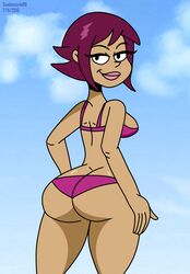 2015 artist_name ass ass_cleavage bikini black_eyes breasts bubble_butt butt_crack clouds cowboy_shot dark-skinned_female dark_skin dat_ass dated eyelashes female female_only good_vibes huge_ass jeena lipstick looking_back medium_breasts outdoors pink_lipstick purple_bikini purple_hair scobionicle99 short_hair sidelocks smile solo standing thick_thighs wide_hips