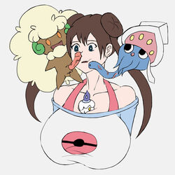 1girls 2boys animal_genitalia bangs blue_eyes bosomancer breasts brown_hair cheek_poke collarbone female female_human hair_bun huge_breasts human inkay large_breasts litwick male male/female male_pokemon male_pokemon/female_human pokemon pokemon_bw pokephilia rosa_(pokemon) scared shoulders tied_hair twintails whimsicott