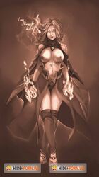 1girls bracelet bracelets breasts dota_2 dress female lina monochrome navel nipples open_clothes panties solo standing stockings toeless_footwear topless