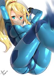 2016 arms_up ass blonde_hair blue_eyes blush bodysuit bracelet breasts dated erect_nipples female female_only fully_clothed glowing hair_between_eyes kicking large_breasts looking_at_viewer metroid motion_blur nintendo samus_aran scrunchie shiny shiny_clothes signature skin_tight super_smash_bros. tight_clothing yatsu_(sasuraino) zero_suit zero_suit_samus