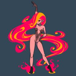 1girls akairiot arm_up breasts brenna_(akairiot) casual contrapposto female fiery_hair fire full_body grey_background hair_over_one_eye hand_on_hip humanoid looking_at_viewer medium_breasts navel nudist original pale_skin pointy_ears pose posing red_eyes simple_background smile solo standing yellow_sclera