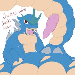 1boy animal_genitalia anthro blue_skin coiling dragon english_text erection genital_slit gyarados highres looking_at_viewer male male_only marine naga nintendo nude open_mouth penis pokemon posexe pov red_eyes reptile scalie semi-anthro simple_background slit snake solo teeth text tongue white_background