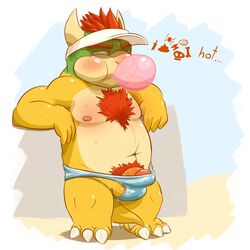 1boy annoyed anthro balls barefoot barely_contained blush body_hair bowser bubble bubble_gum chest_hair circumcised clothed clothing color cursing dialogue english_text erection food front_view hair hollo_nut humanoid_penis koopa leaning leaning_back looking_away male male_only mario_(series) navel nintendo nipples overweight_male pecs penis pictographics pubes scalie shell-less solo speedo standing sweat swimsuit tenting text topless video_games visor