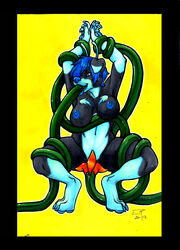 2012 alien antennae anthro areola arms_above_head black_fur blue_claws blue_eyes blue_hair blue_nipples blue_nose blue_pawpads blue_tongue bound breasts canine consensual_tentacles fellatio female flower fur hair mammal nipples nude oral pawpads penetration plant sex solo spacecadet tentacle tongue tongue_out traditional_media_(artwork) vaginal_penetration