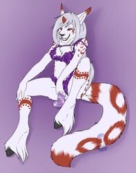 2016 anthro clothing dildo female fur grey_hair hair hooves horn hybrid lingerie markings masturbation penetration purple_eyes pussy red_markings sex_toy solo spread_legs spreading toradoshi unknown_species vaginal_penetration white_fur