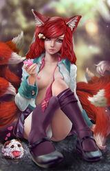 1girls absurdres academy_ahri ahri alternate_costume alternate_hair_color animal_ears bangs black_legwear blouse breasts brown_eyes female fox_ears fox_tail hair_ornament hairclip heart heart_hair_ornament highres horns large_breasts league_of_legends light_smile long_hair looking_at_viewer mary_janes miniskirt multi_tail multiple_tails nipples no_bra open_blouse open_clothes panties plaid plaid_skirt pleated_skirt poro_(league_of_legends) red_hair riot_games school_uniform sitting skirt swept_bangs tail thighhighs tigrsasha tongue tongue_out upskirt whisker_markings white_panties