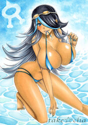 1girls alternate_breast_size big_breasts bikini black_hair blue_eyes blue_hair blue_nails breasts cleavage clenched_teeth clothed clothed_female dark-skinned_female dark_skin female female_only goggles goggles_on_head hair_over_one_eye huge_breasts human human_only large_breasts long_hair looking_at_viewer makeup marker_(medium) mouth_hold multicolored_hair nail_polish nintendo pokémon pokemon pokemon_oras pokemon_rse shelly_(pokemon) shelly_(pokemon_oras) silvina_(pokémon) sketch smile solo swimsuit takecha team_aqua text toenail_polish traditional_media two_tone_hair undressing very_long_hair