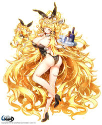 absurdly_long_hair alcohol animal_ears ass blonde_hair bottle brooch bunny_ears bunny_tail bunnysuit copyright_name cup detached_collar drinking_glass female high_res jewelry long_hair name_tag official_artwork poseich solo tail tiger tray unleashed very_long_hair wine wine_glass wrist_cuffs yellow_eyes