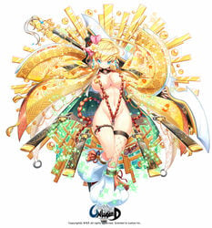 bell blonde_hair blue_eyes blush breasts bridal_gauntlets copyright_name female fishnet_legwear fishnets hair_ornament hair_ribbon high_res jewelry large_breasts name_tag navel official_artwork open_clothes over_shoulder poseich ribbon short_hair smile solo sparkle sword unleashed weapon weapon_over_shoulder white_legwear wide_sleeves