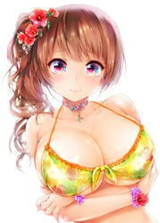 1girls artist_request bikini blush breast_hold breasts brown_hair cleavage female female_only floral_print flower frilled_bikini frills front-tie_top hair_flower hair_ornament hibiscus jewelry koshika_rina large_breasts long_hair looking_at_viewer necklace original original_character print_bikini purple_eyes side_ponytail simple_background smile solo swimsuit white_background wrist_cuffs